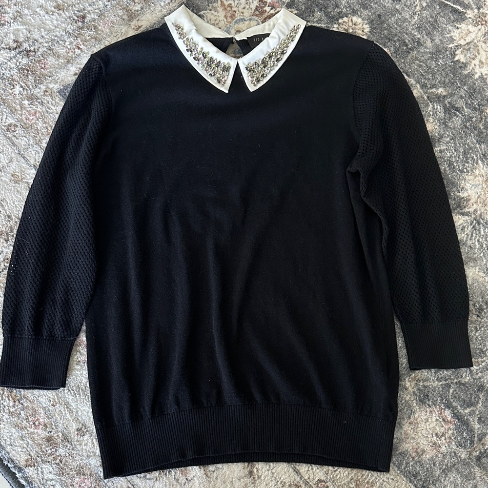 Ted Baker Black Sweater with Embellished White Collar Size 3
